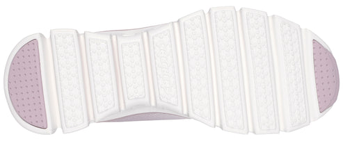 A shoe sole with a stacked, geometric design and mauve accents.