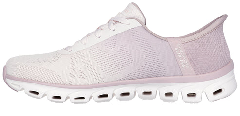A side view of a white sneaker with a lavender mesh heel and white sole with horizontal cutouts.