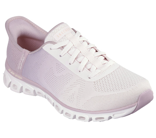 Low-top athletic shoe in white and lavender, with a white sole and laces.