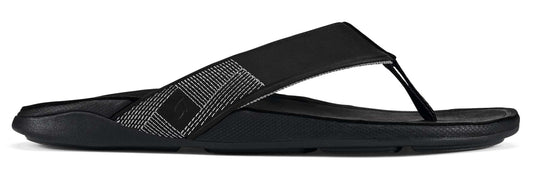 A black flip-flop with a patterned strap.
