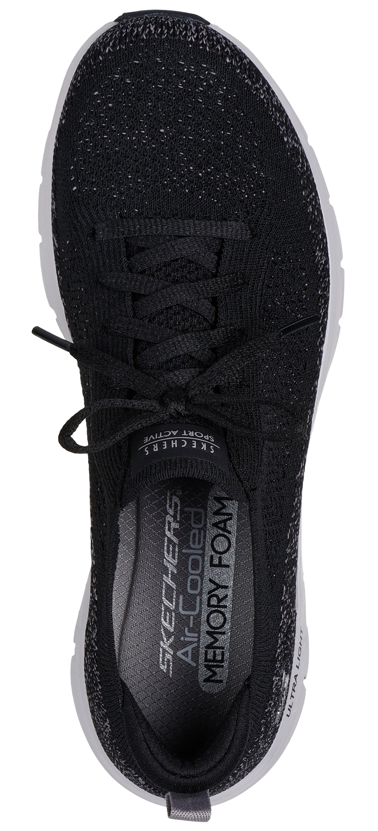 A black shoe with laces and a gray insole that reads "Skechers Air-Cooled Memory Foam".