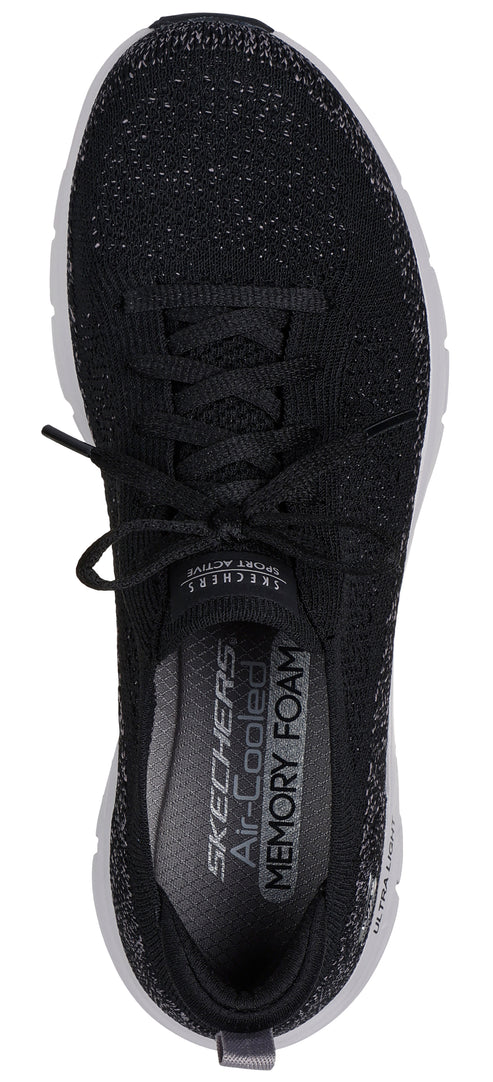 A black shoe with laces and a gray insole that reads "Skechers Air-Cooled Memory Foam".
