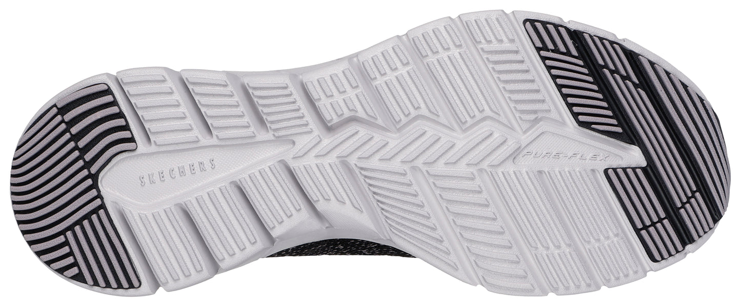 Bottom view of a shoe with a white outsole and alternating black and white stripe pattern on the toe and heel.
