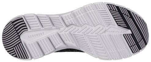 Bottom view of a shoe with a white outsole and alternating black and white stripe pattern on the toe and heel.