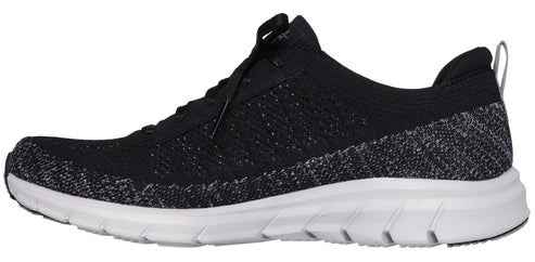 Black knit-like running shoe with white sole.