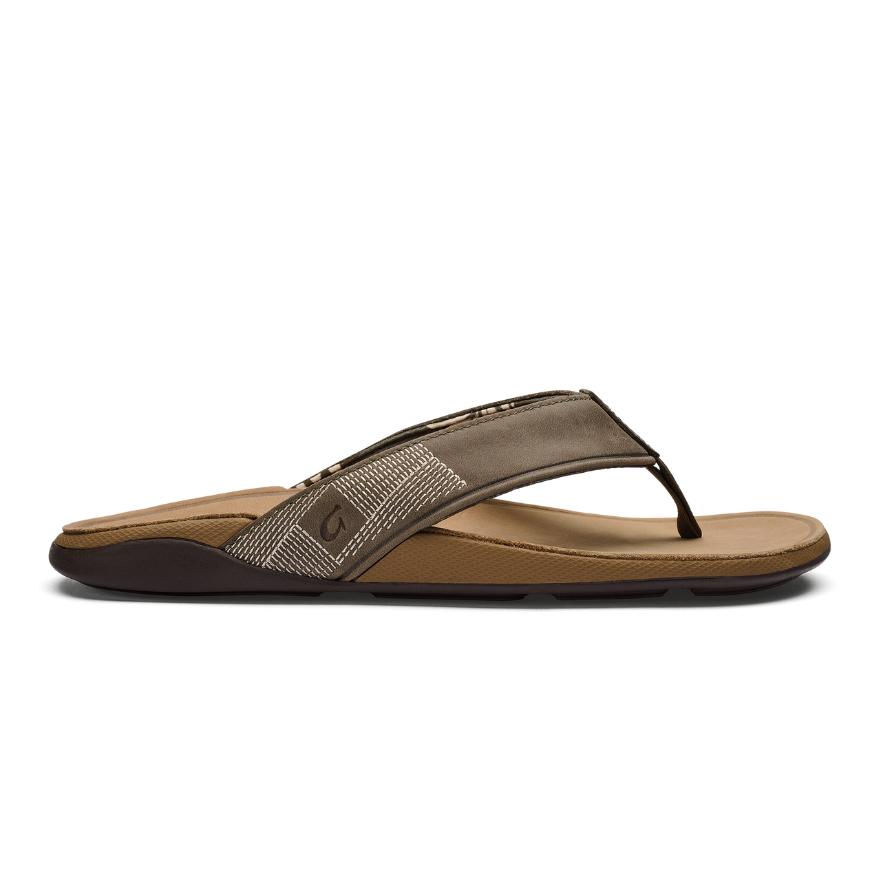 A brown flip-flop with a cloth strap and a side logo.