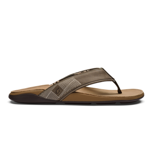 A brown flip-flop with a cloth strap and a side logo.