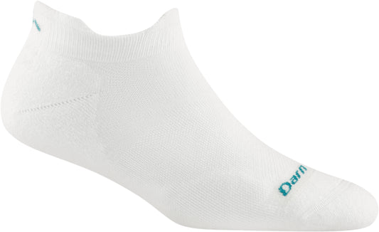 Ankle-length white sock with a teal logo on the top of the toe.