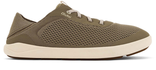 Olive-green sneaker with laces.