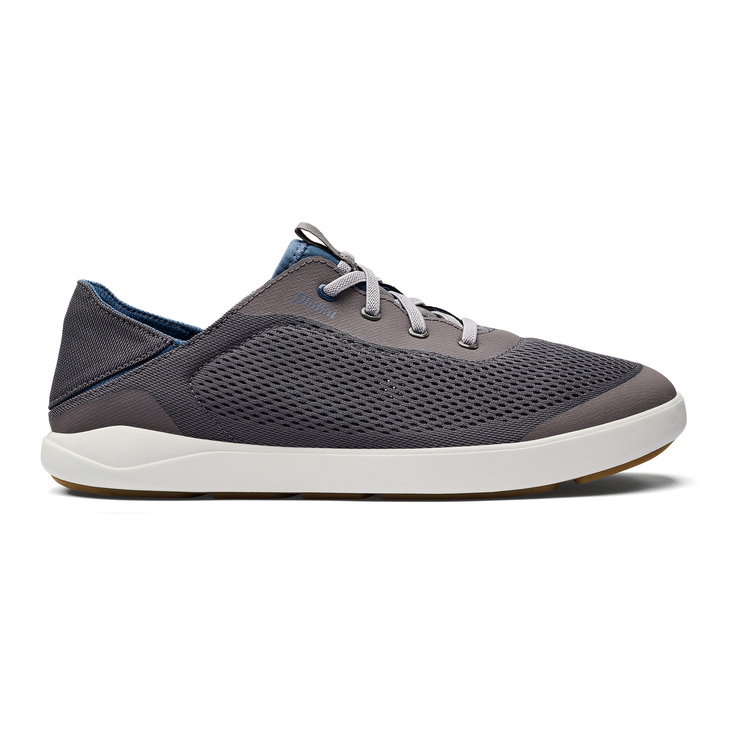 A grey mesh sneaker with a white sole.