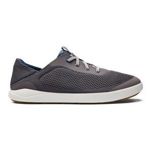 A grey mesh sneaker with a white sole.