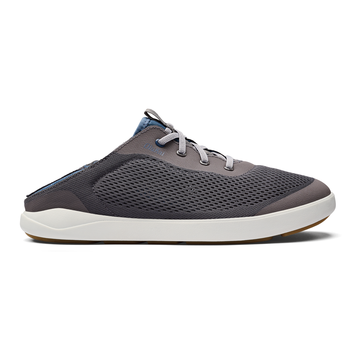 Slip-on shoe with gray mesh upper, white sole and gray laces.