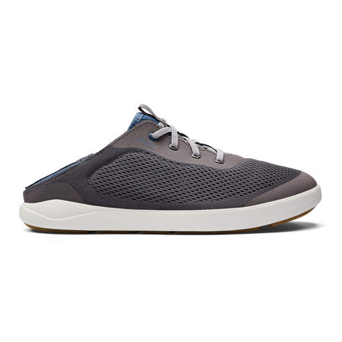 Slip-on shoe with gray mesh upper, white sole and gray laces.