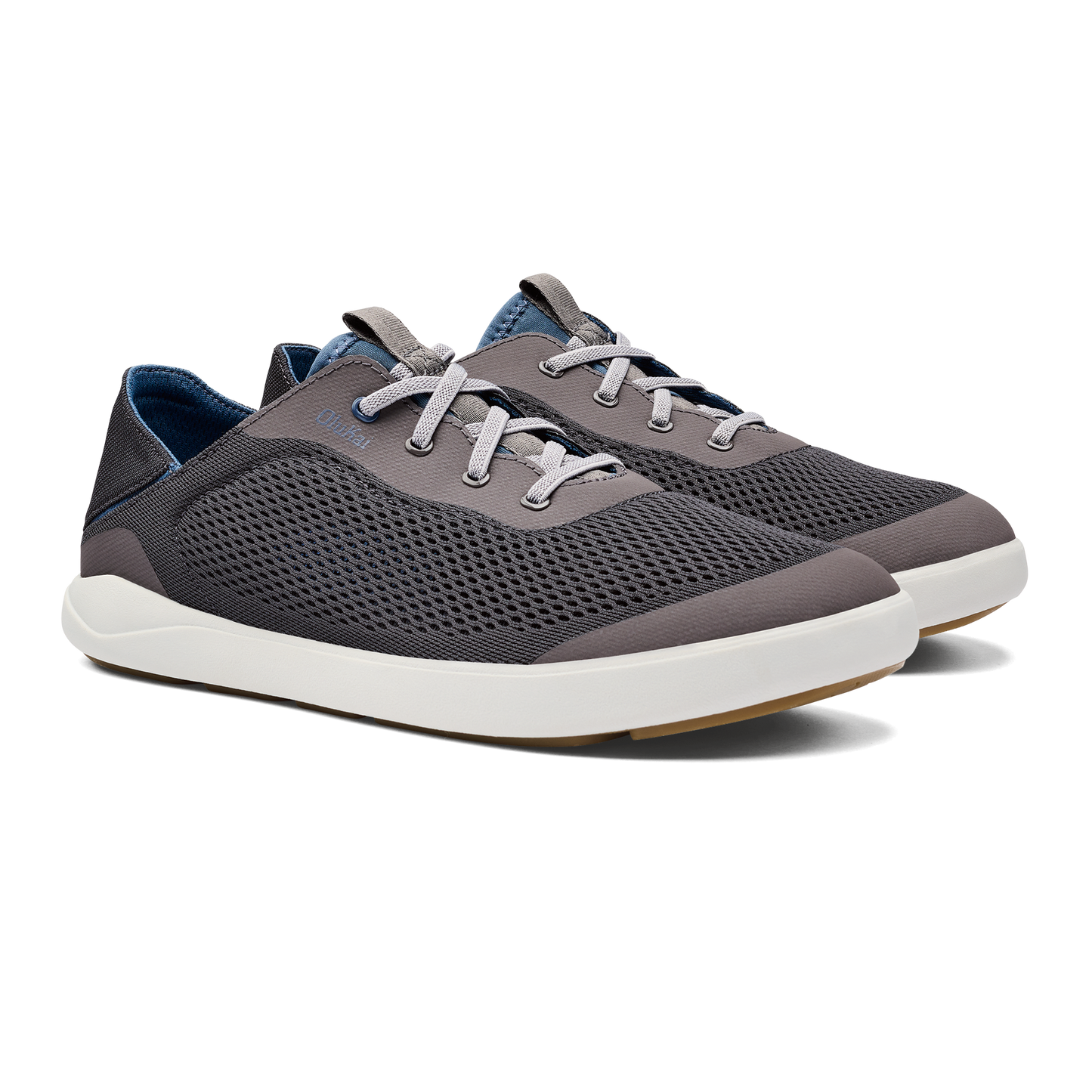 A pair of gray and white casual shoes with gray laces.
