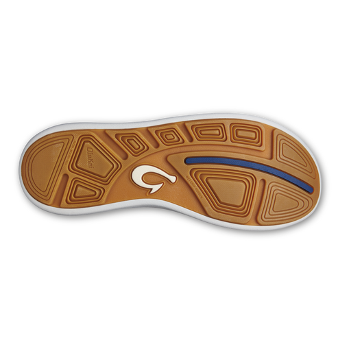 Brown sandal sole with white edges and a blue accent line.