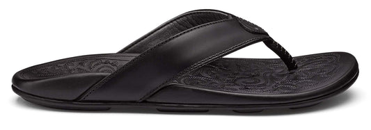 A black leather sandal.