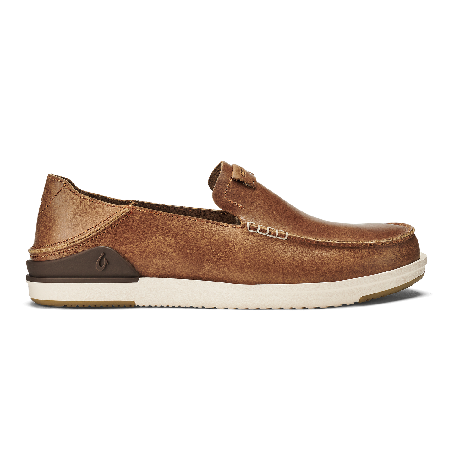 A brown leather slip-on shoe with a white rubber sole and moccasin-style stitching across the top.