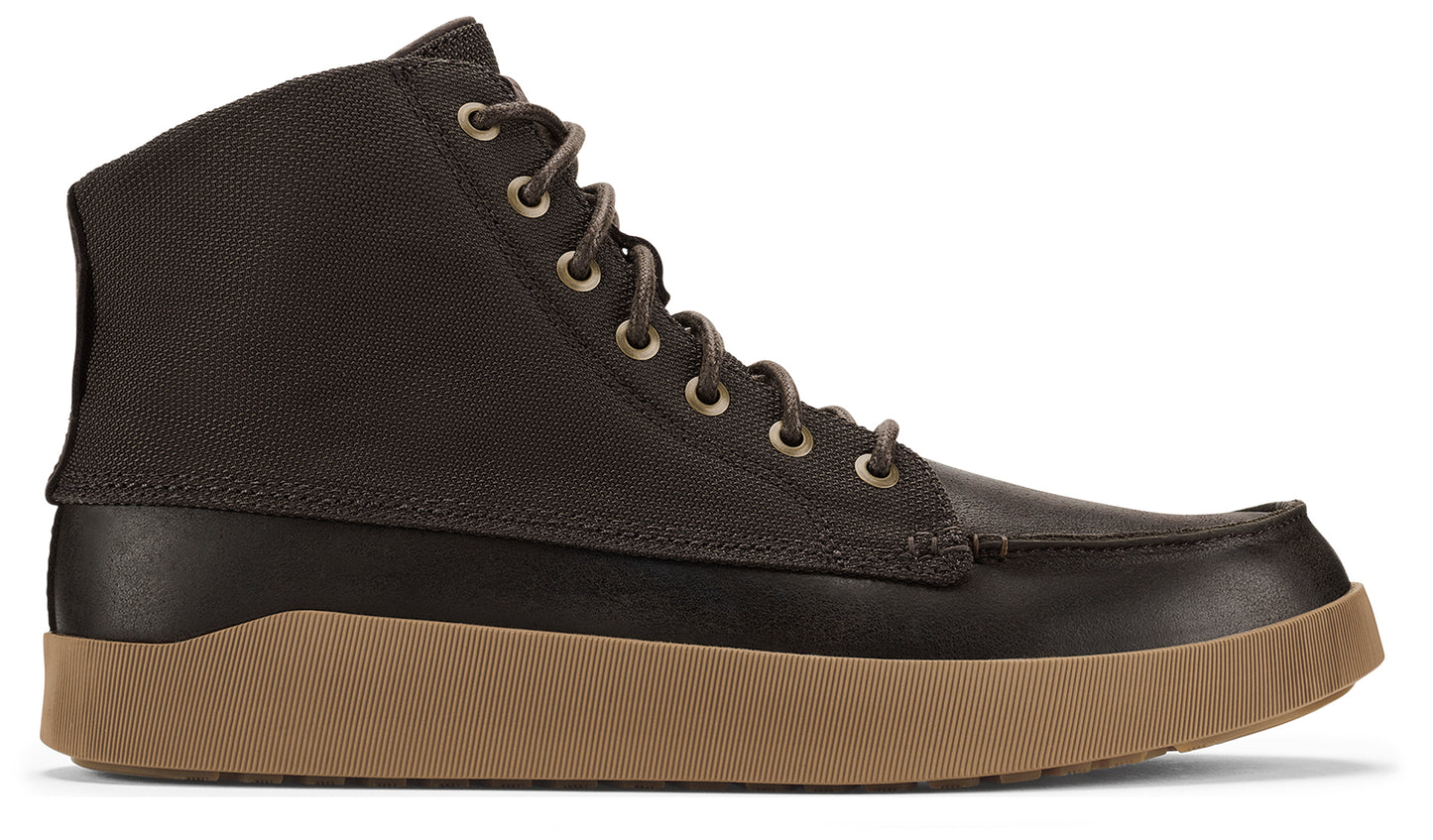 High-top moccasin boot with brown sole, dark-brown toe, and canvas shaft with laces.