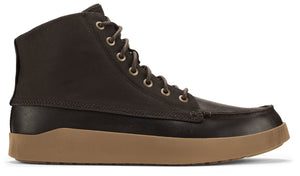 High-top moccasin boot with brown sole, dark-brown toe, and canvas shaft with laces.
