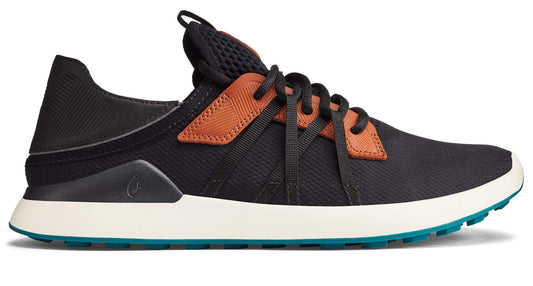 A black running shoe with brown lace loops and a white sole with a blue tread.