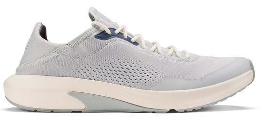 A grey running shoe with white laces and a thick, off-white sole.