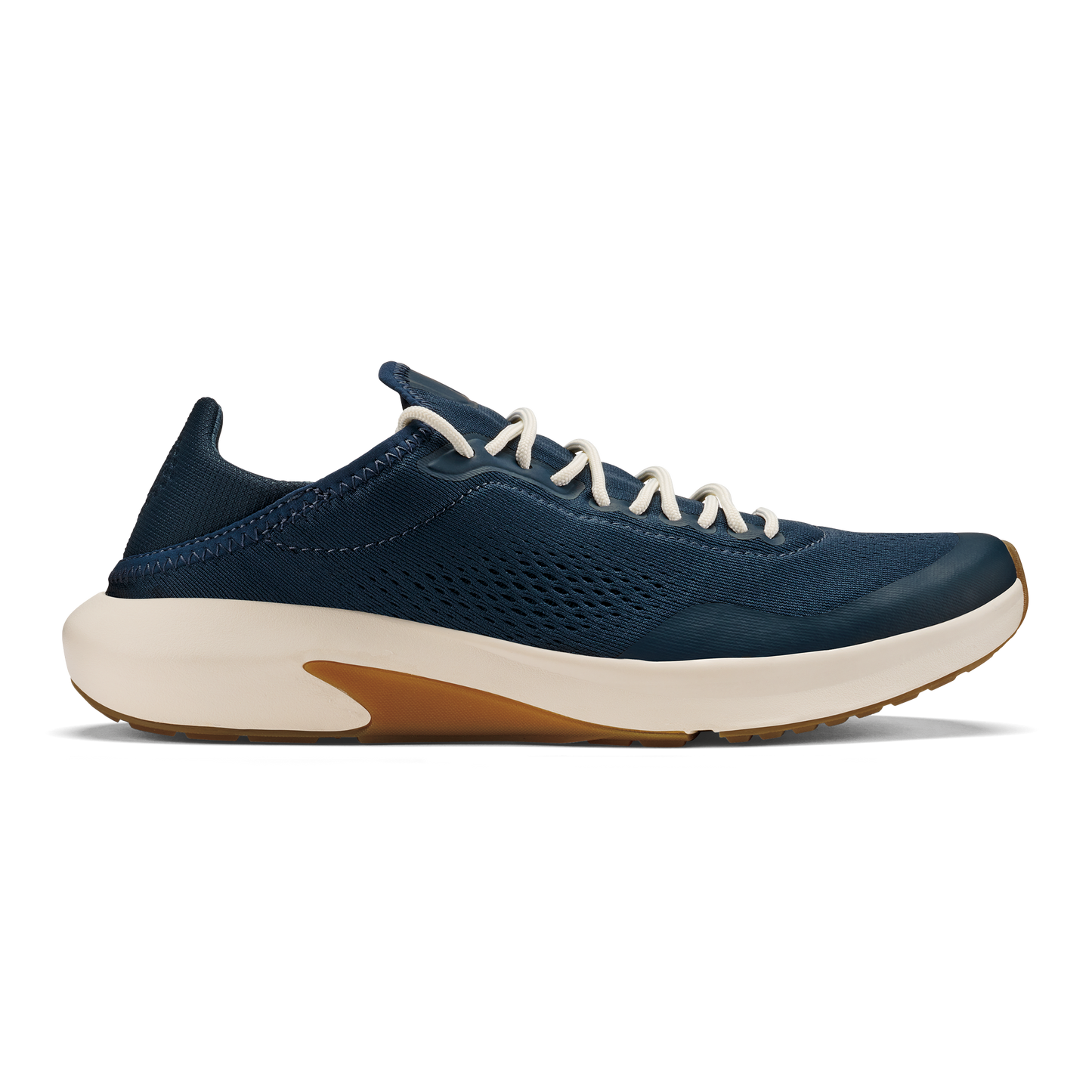 A side-profile view of a blue sneaker featuring a light cream midsole with a brown accent and thin, white laces.