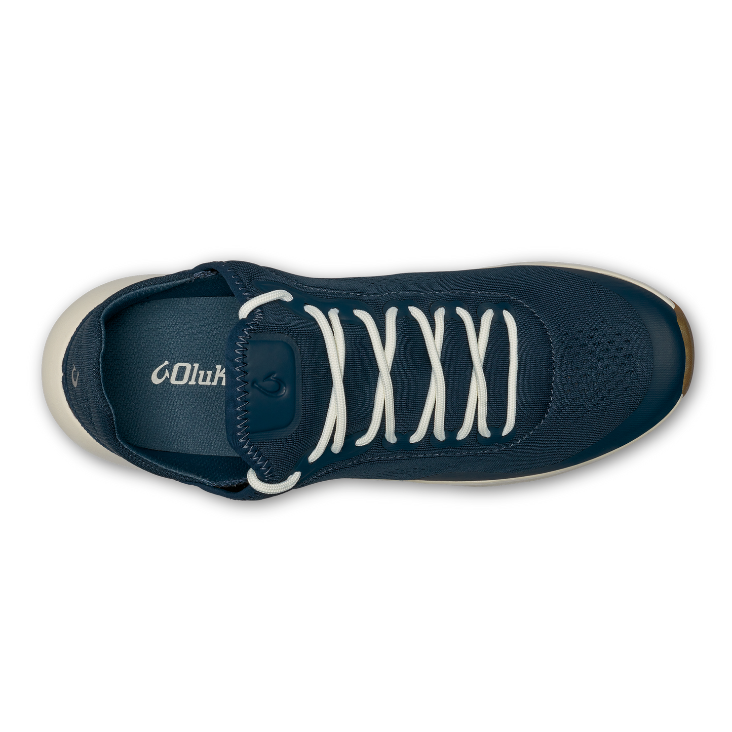 A top-down view of a dark blue sneaker with white laces and a white sole against a black background.