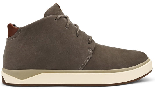 A taupe-colored mid-top sneaker with a white sole and brown heel accent.