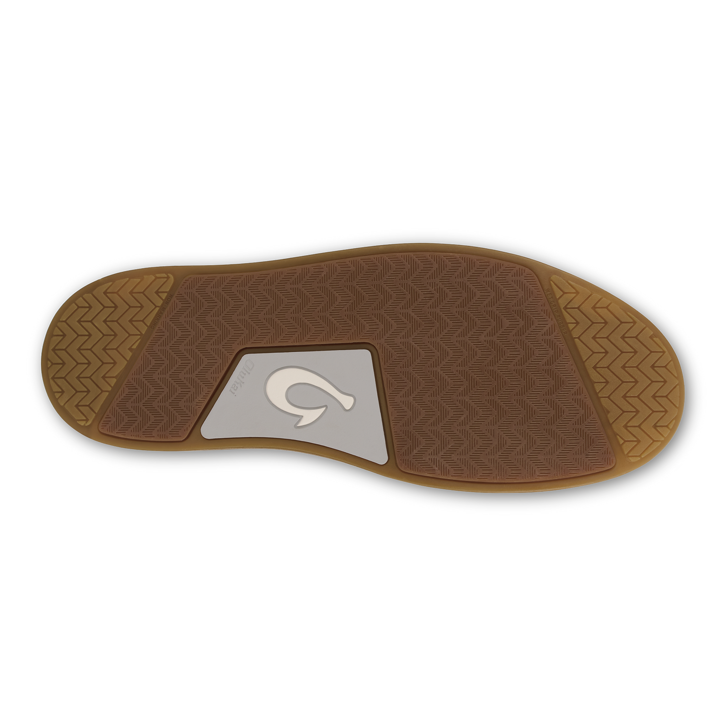 A brown rubber shoe outsole with a unique chevron tread pattern at the toe and heel, and a light gray inset at the arch featuring a stylized hook-shaped logo.