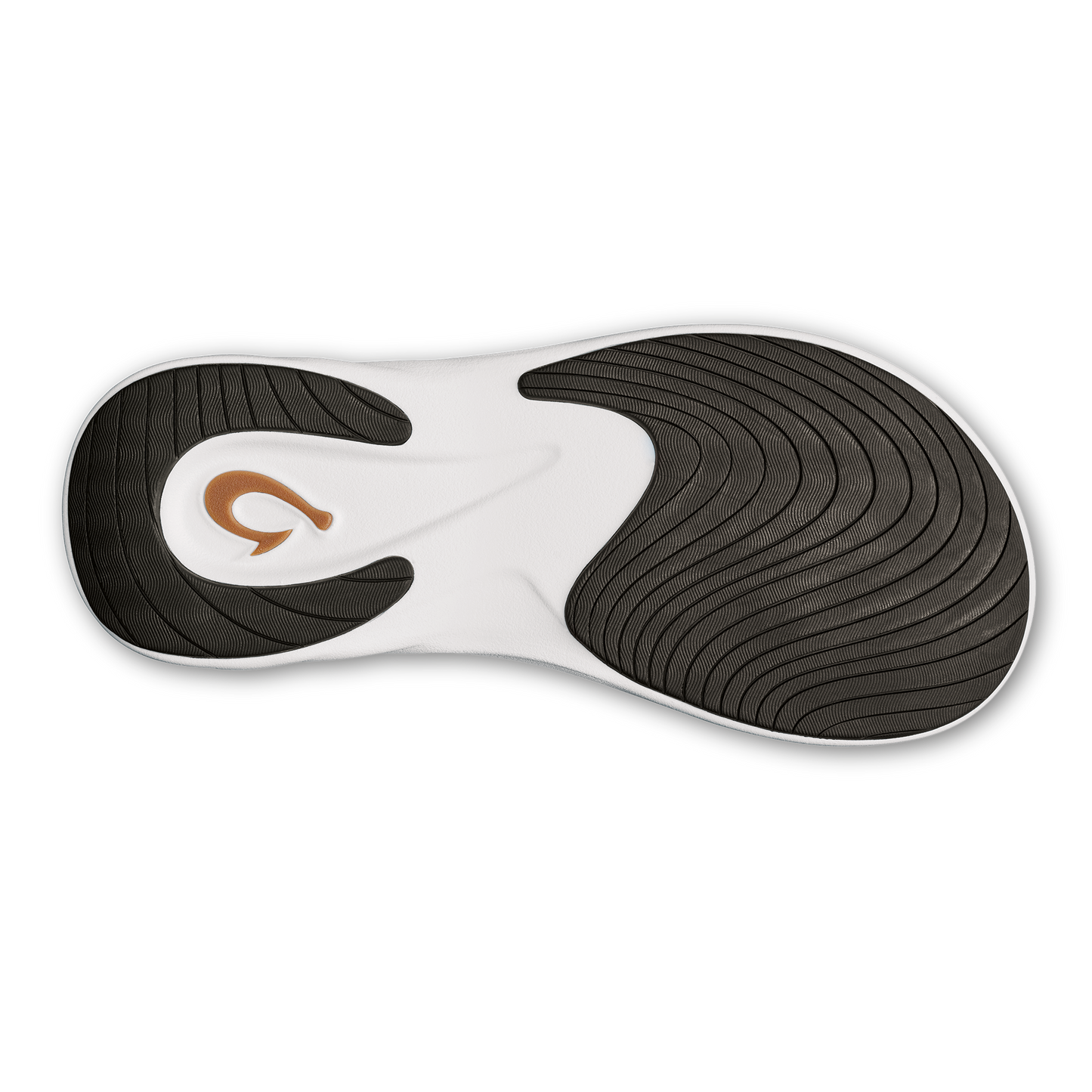 shoe sole with brown logo and black lines for traction