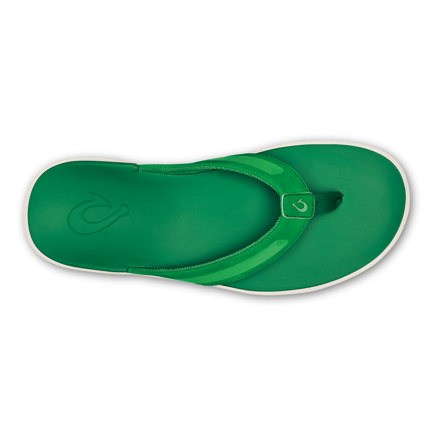 A bright green flip-flop sandal viewed from directly above, featuring a glossy strap with a small logo and a matching green footbed with an embossed logo, accented by a white midsole and black outsole.