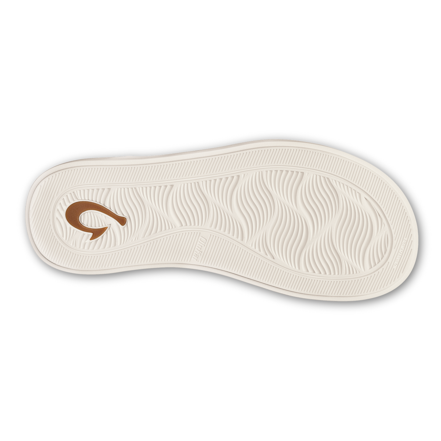 An off-white footwear sole featuring a light brown hook logo near the heel and a textured wave pattern across the surface.