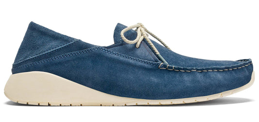 Blue suede moccasin with white laces and wedge sole.
