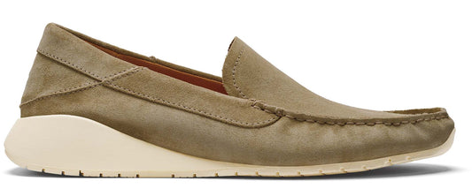 A slip-on loafer with a rounded toe and a low, wedge-shaped heel.
