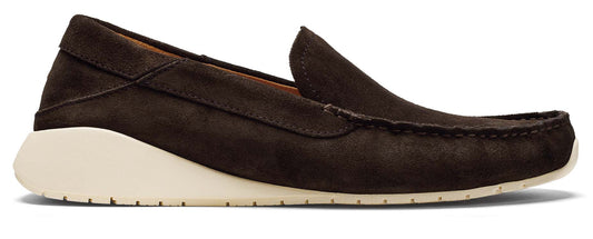 A brown leather slip-on shoe with a white sole.