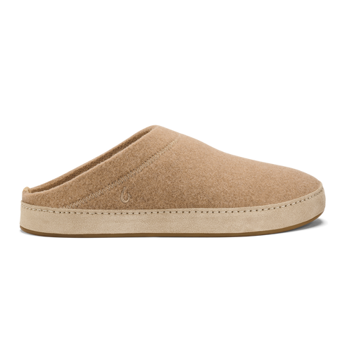 A tan felt slip-on slipper with a thick, matching light tan rubber outsole and a small, subtle embossed emblem on the side.