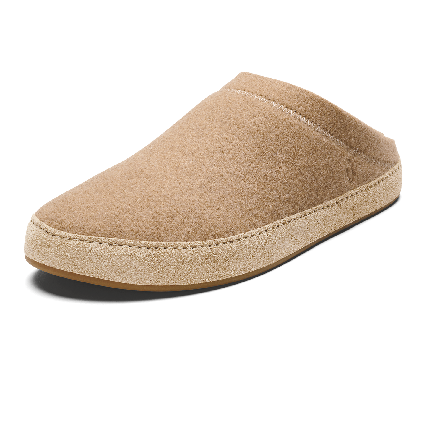 A tan felt slip-on mule slipper with a suede trim and a visible stitched seam along the side.