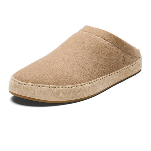 A tan felt slip-on mule slipper with a suede trim and a visible stitched seam along the side.