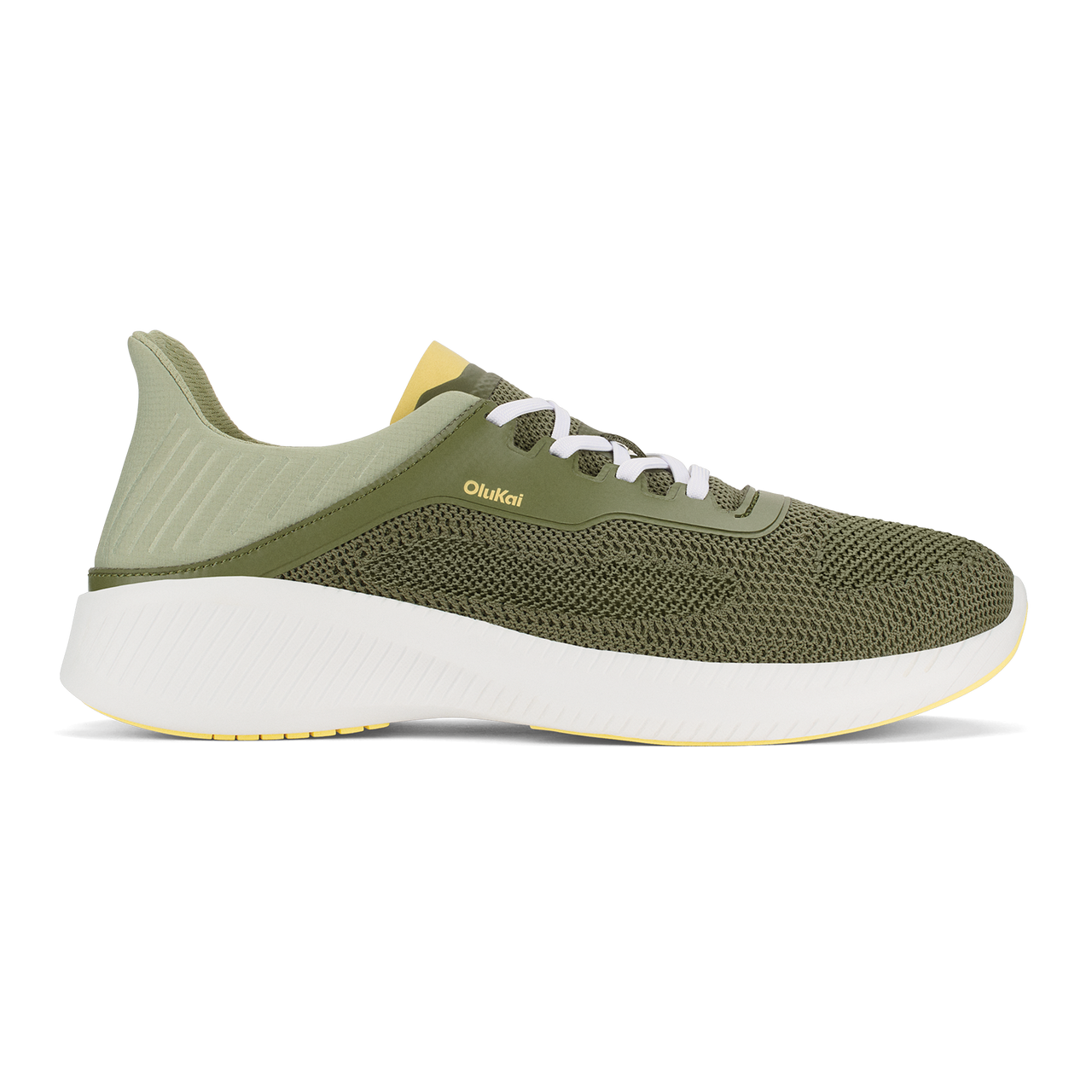 A low-top sneaker featuring an olive green knit upper, white laces, a thick white midsole, and the brand name OluKai in gold lettering on the side.