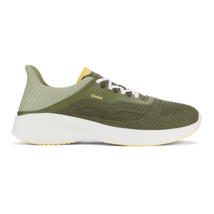 A low-top sneaker featuring an olive green knit upper, white laces, a thick white midsole, and the brand name OluKai in gold lettering on the side.