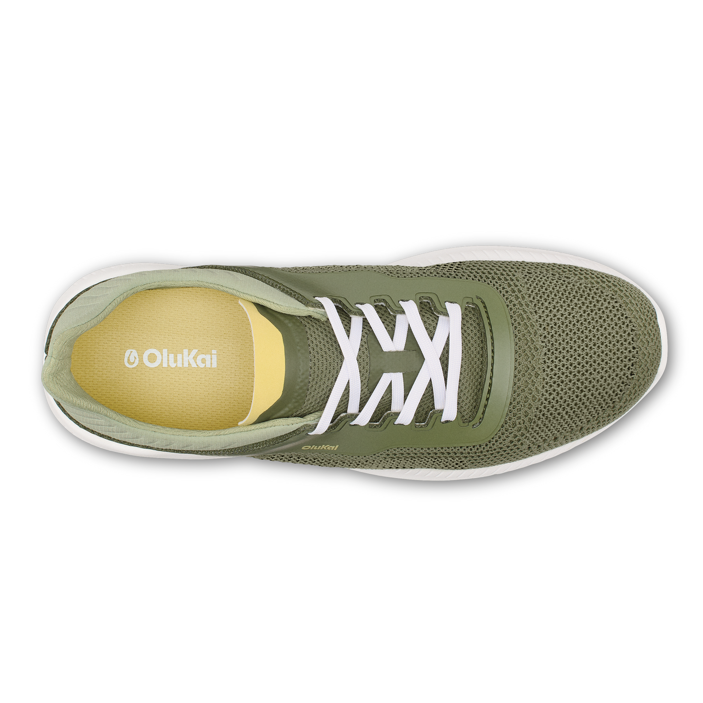 A top-down view of an olive green knit sneaker with white laces and a white midsole featuring the text Olukai printed on the yellow insole.