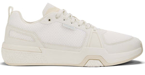 A white athletic sneaker with white laces and a thick white sole.