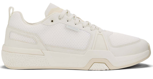 A white athletic sneaker with white laces and a thick white sole.