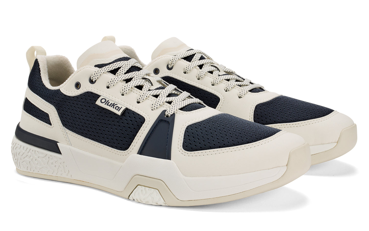 Pair of sneakers; off-white rubber base and toe cap, blue mesh on sides, off-white laces.