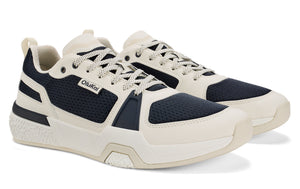 Pair of sneakers; off-white rubber base and toe cap, blue mesh on sides, off-white laces.