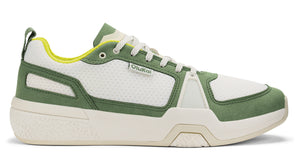 Low top white and green sneaker with logo.