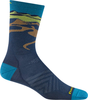 Blue sock with a landscape design featuring a winding river and distant mountains.