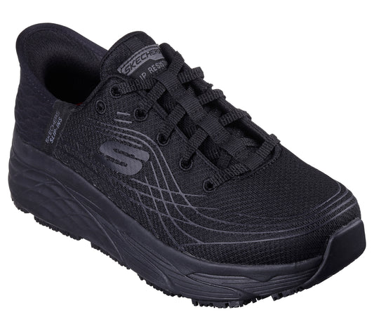 Black athletic shoe with slip resistant printed on the tongue and sides, and thick sole.