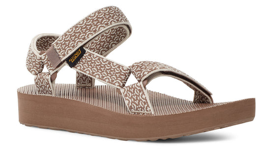 Sandals with patterned, adjustable straps and a ridged, flat platform.