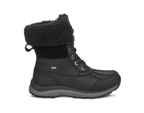 Black leather lace-up boot with faux fur trim.